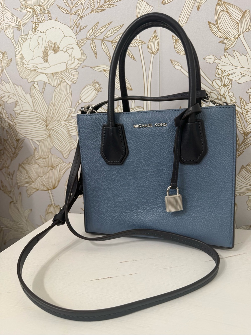 Michael Kors Dusty Blue Pebbled Leather Satchel with Black Trim